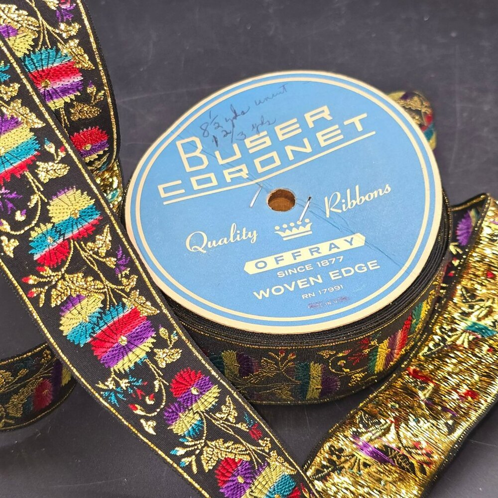 Vintage Offray Buser Coronet Ribbon 10 Yd Floral Gold Metallic Woven Edge CM2239